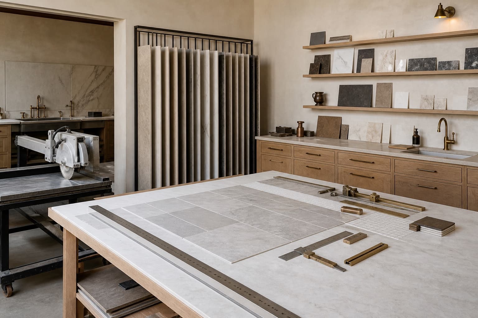 Concept tile studio with slab racks, cutting bench, layout table, stone samples, and precision tools