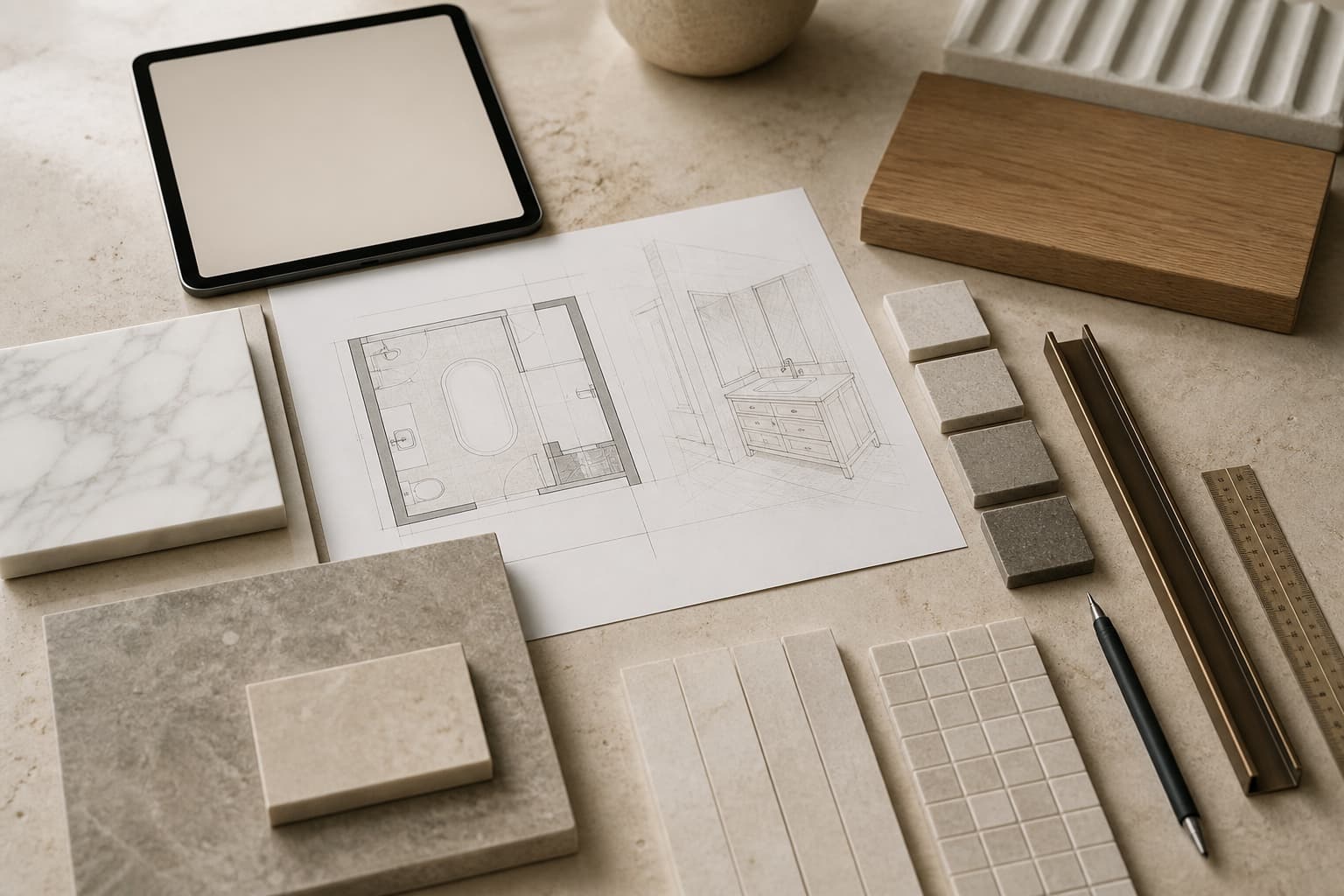 Concept renovation planning table with bathroom drawings, measured layout, stone and porcelain samples, and bronze trim