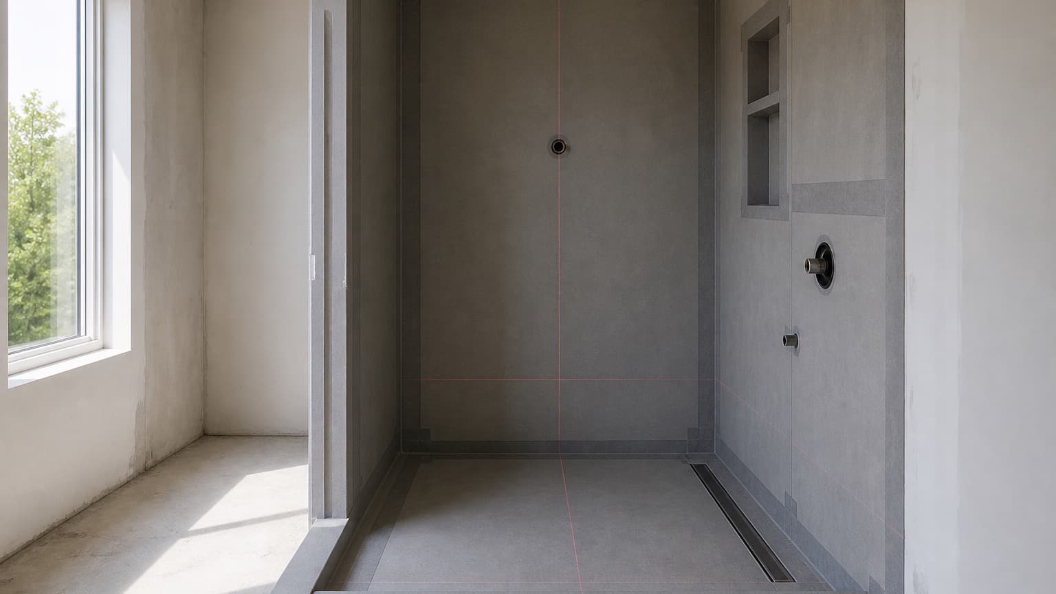 Concept shower assembly mid-build with bonded membrane, banded corners, drain, and layout lasers