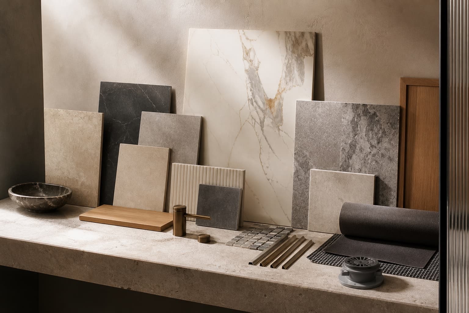 Conceptual tile and stone showroom display with porcelain, marble, limestone, oak, bronze trims, and setting components