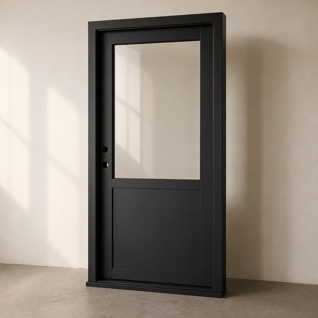 A charcoal fibreglass entry door unit hung in its frame with the sill attached and a half lite of glass, hardware not yet fitted