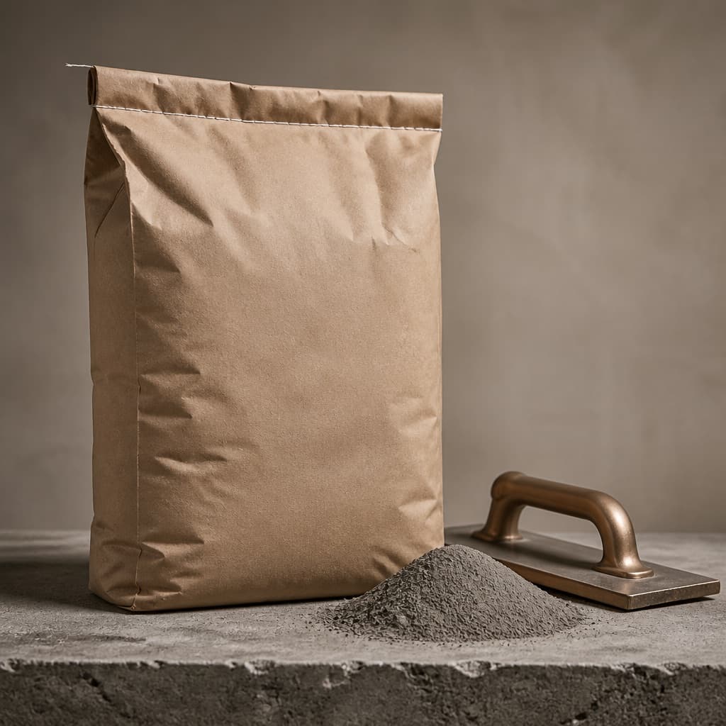A sack of high-performance grout in a warm grey shade beside a bronze grout float