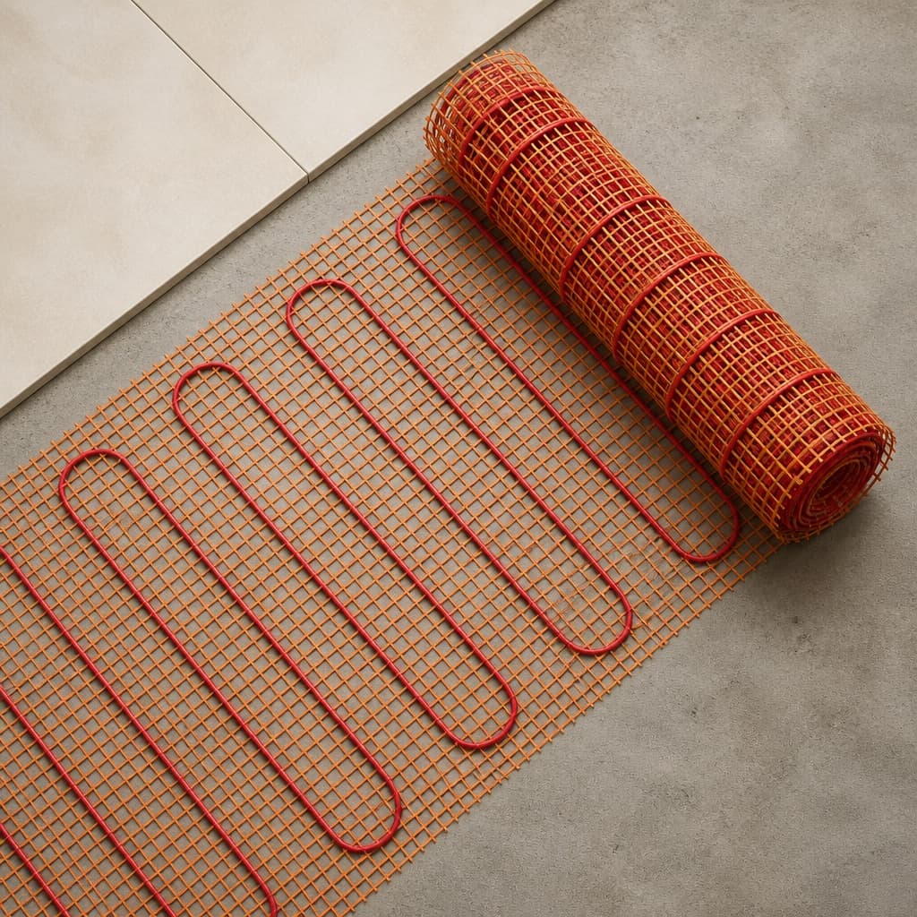 An electric underfloor heating mat partially unrolled across a concrete subfloor