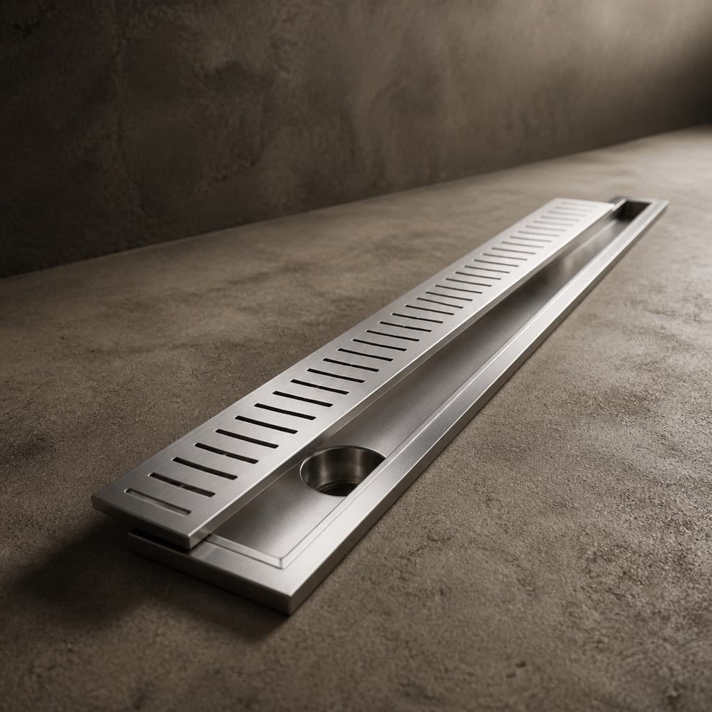 A brushed stainless linear shower drain on a concrete floor with its slotted grate lifted clear of the channel body