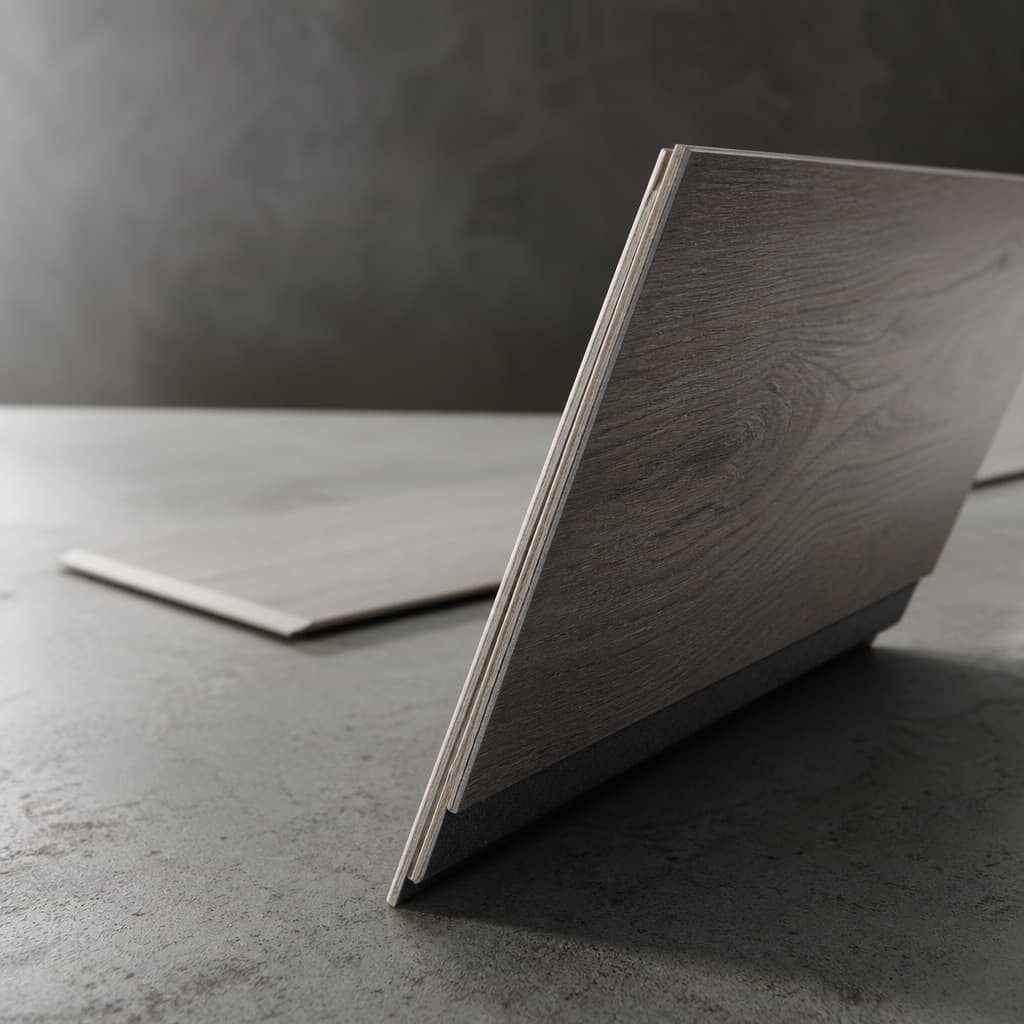 A smoked-oak rigid-core vinyl plank stood on its edge to show the click-fit profile and the grey acoustic backing, with a pale ash plank behind