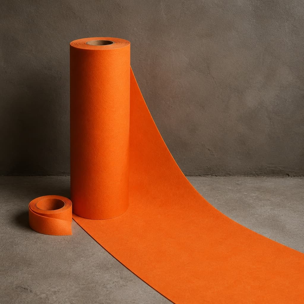 A roll of orange fleece-laminated waterproofing membrane part-unrolled across a concrete floor, with a coil of corner banding beside it