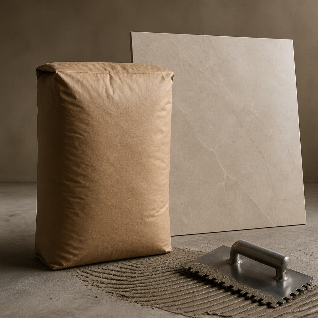 A sack of large-format tile mortar with a notched trowel and combed mortar ridges