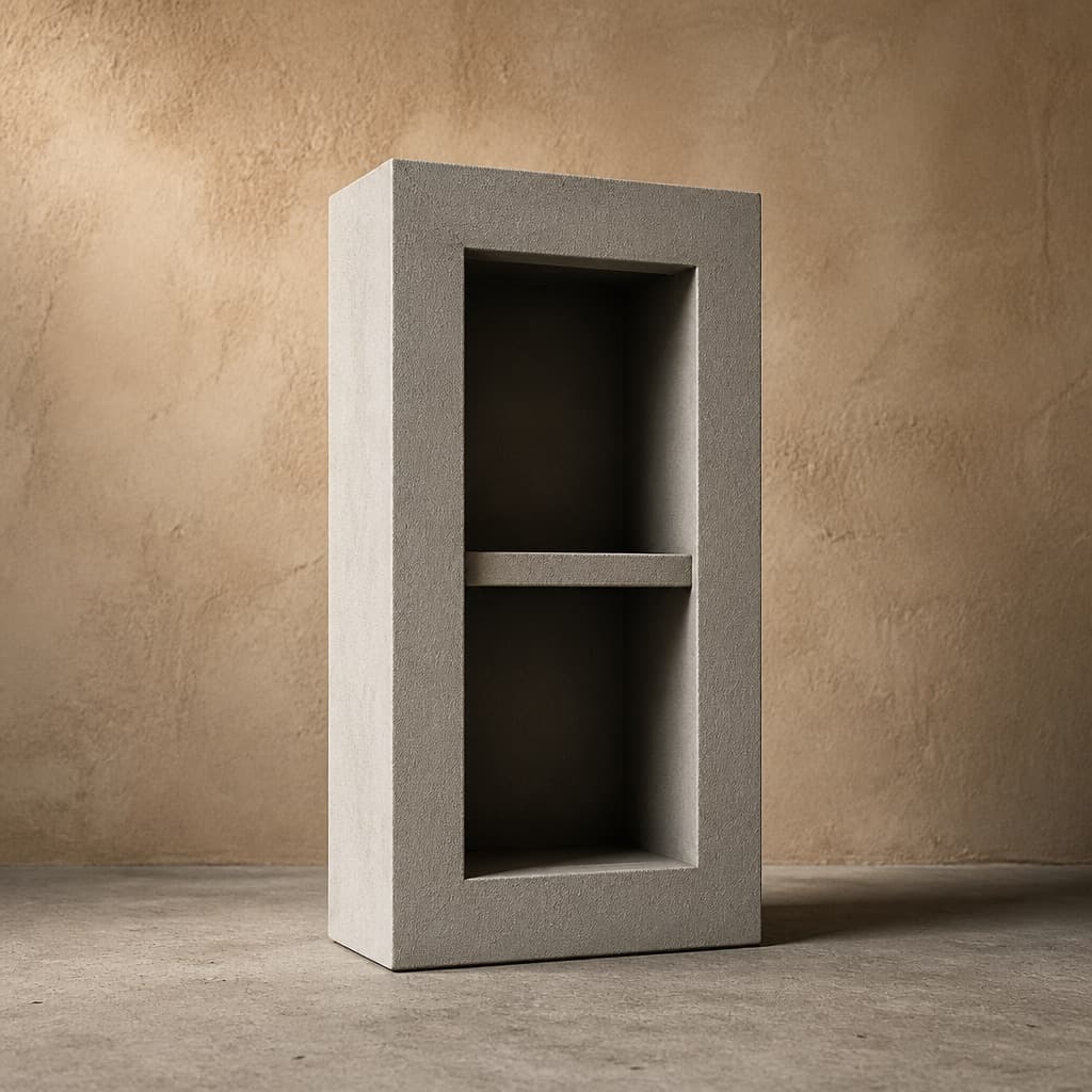 A prefabricated cement-coated shower niche standing upright, its recess divided by a single shelf and its mounting flange visible
