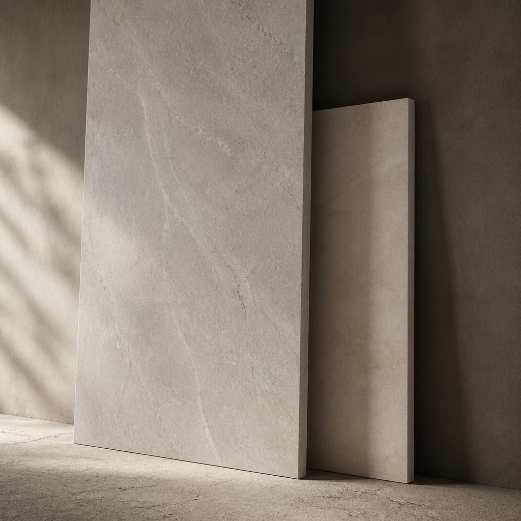 Two large-format porcelain slabs with matt stone-look surfaces leaning against a plaster wall, the front one lit and the one behind in shadow
