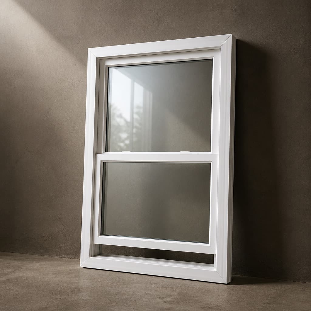 A white vinyl double-hung replacement window unit with two sashes and a central meeting rail, leaning against a plaster wall