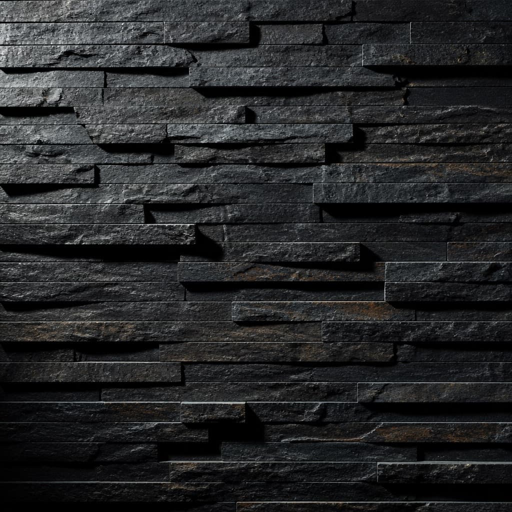 A charcoal split-face slate panel lit from the side so each projecting stone strip casts its own shadow
