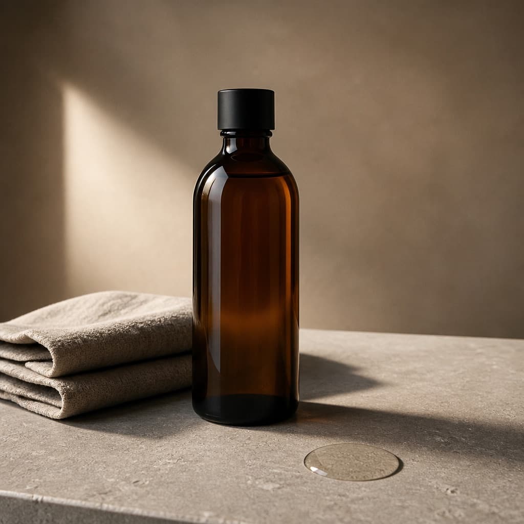 A bottle of penetrating sealer for natural stone with water beading on a sealed limestone surface