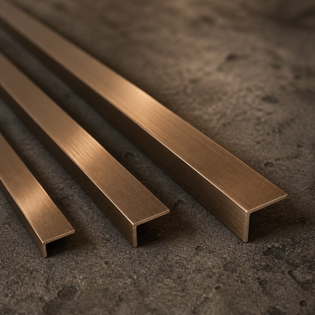 Three brushed bronze square-edge tile profiles fanned across dark concrete, their L cross-sections and mitred ends visible