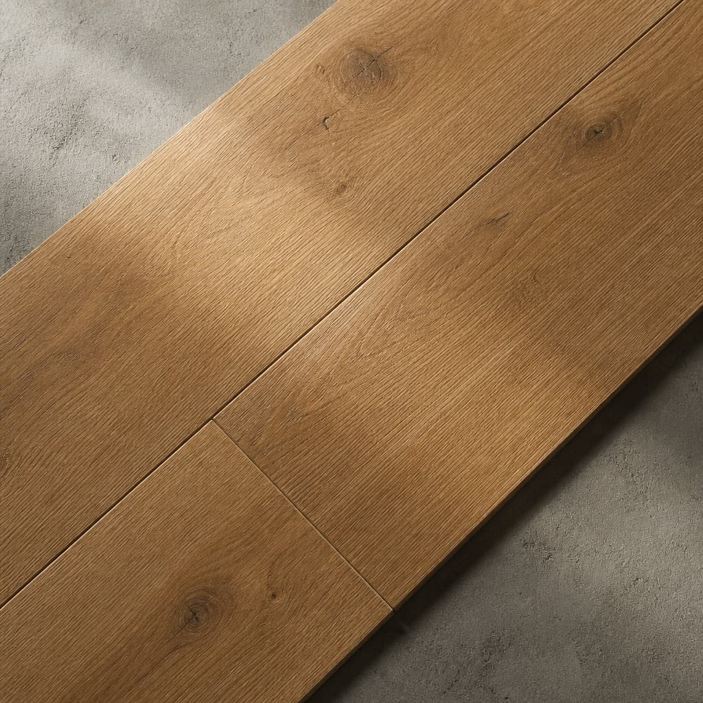 Three mid-oak wood-look porcelain planks laid in a staggered offset, seen from above on a concrete floor