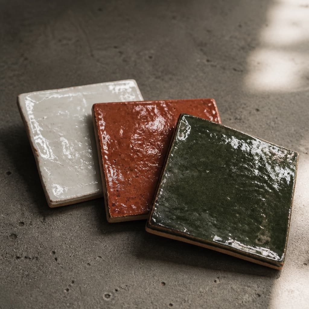 Three glossy handmade-look glazed wall tiles fanned out on concrete in chalk white, clay, and moss, with uneven edges and pooled glaze