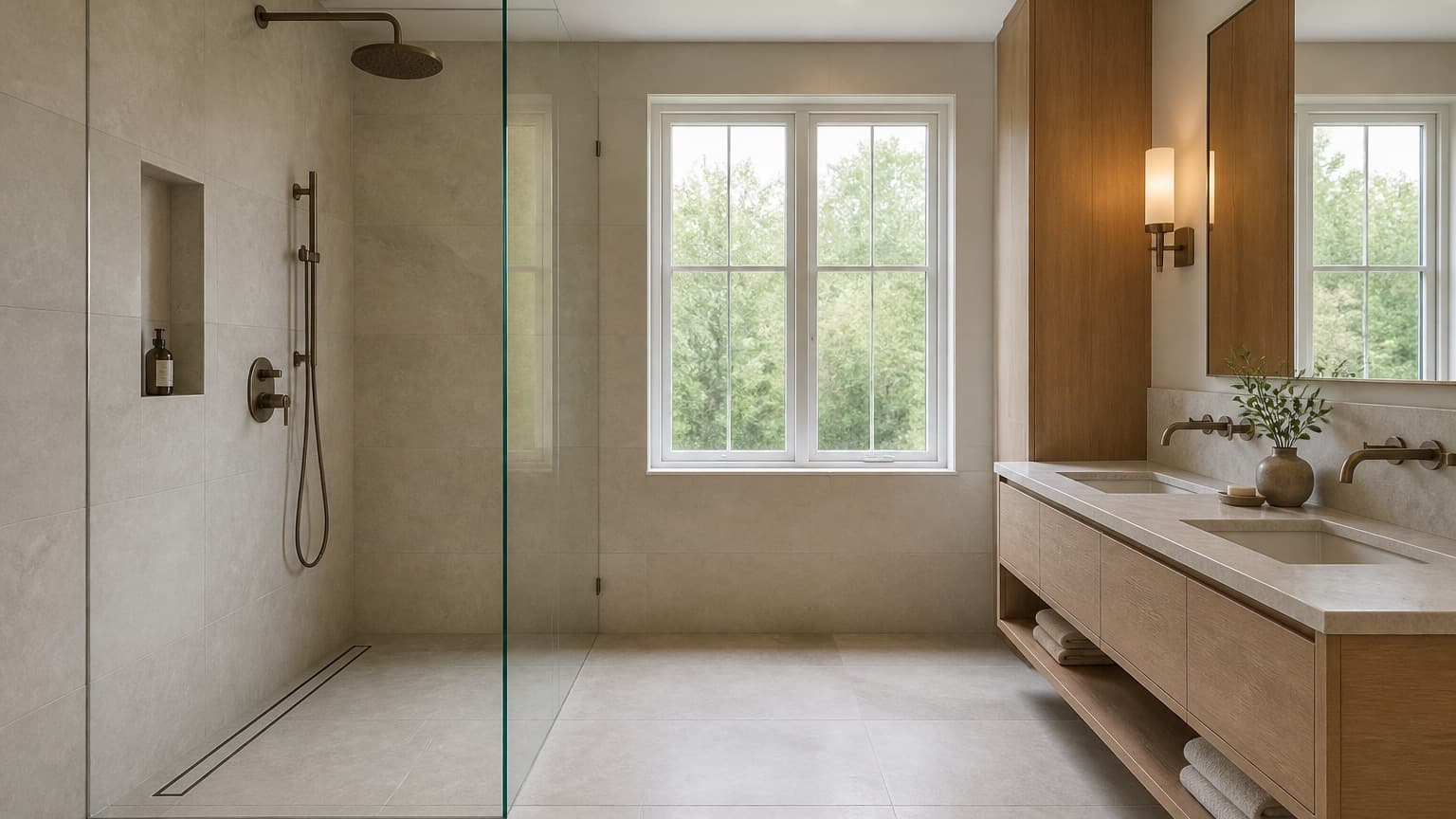 Representative curbless bathroom concept with a linear drain, full-height porcelain, frameless glass, and oak vanity