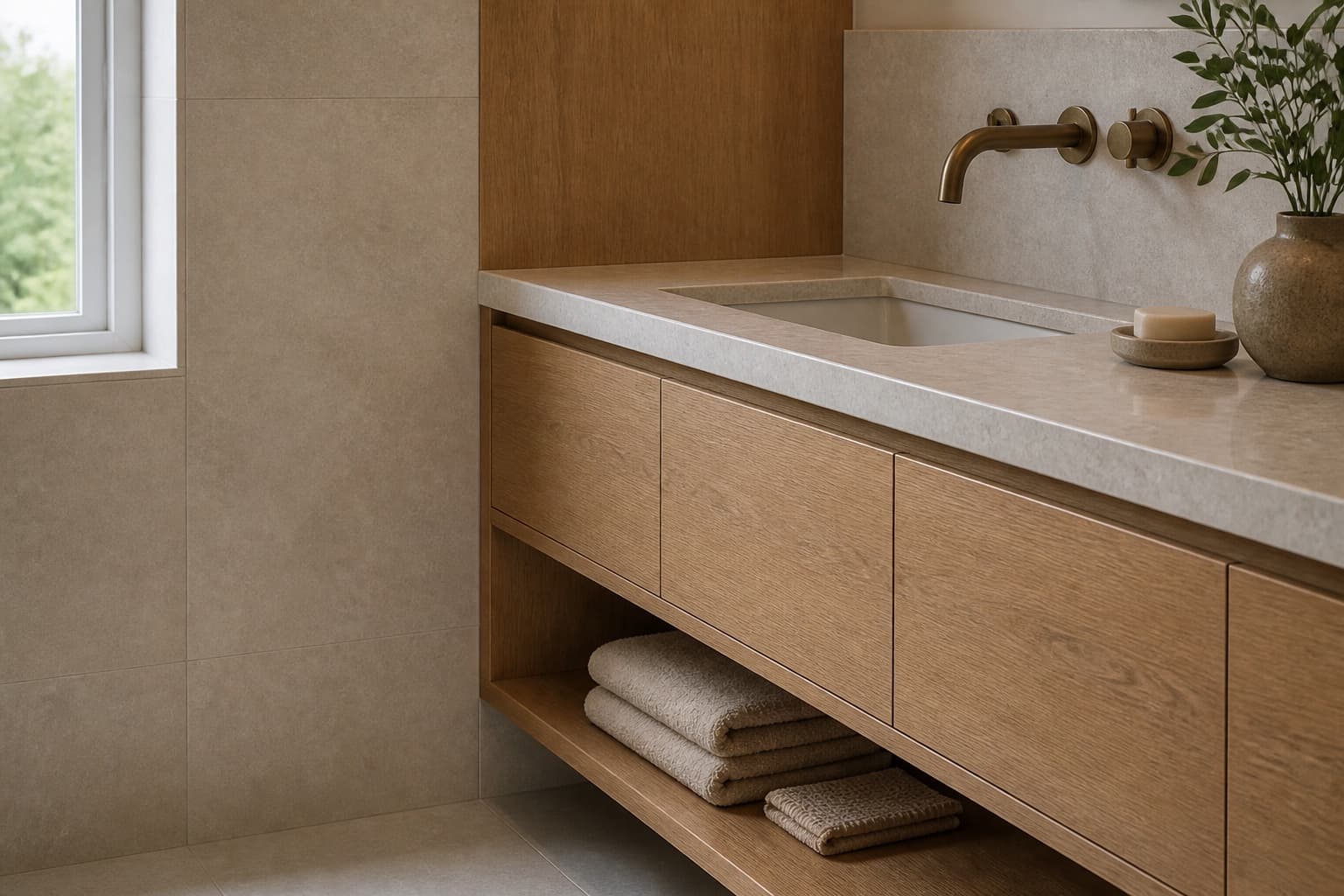 The finished vanity wall with wall-hung storage and integrated lighting