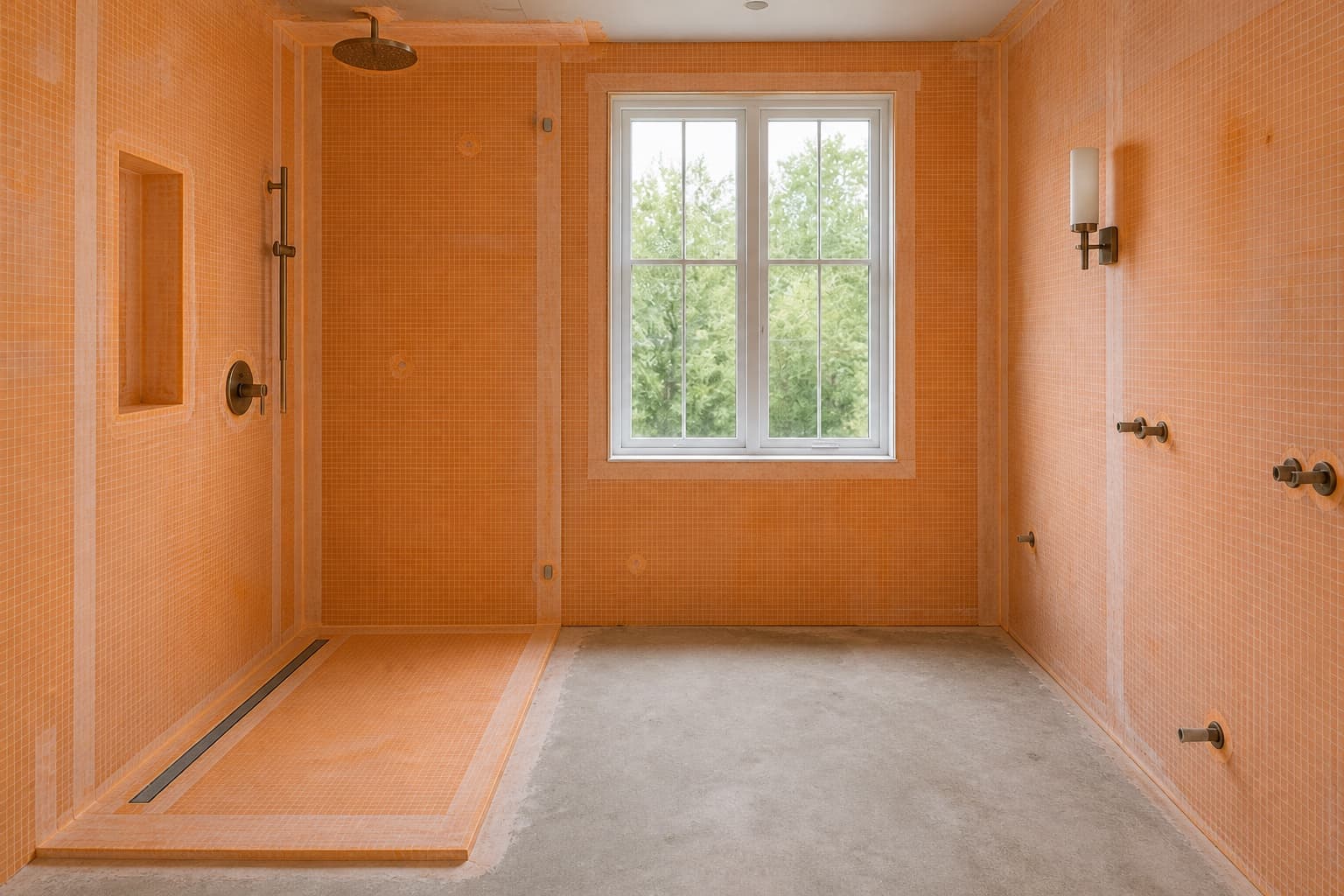 The shower substrate after waterproofing, before tile was set