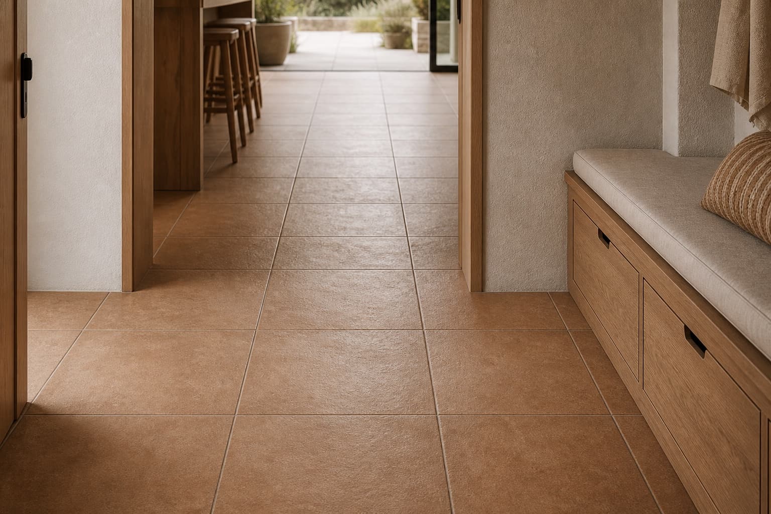 The tile pattern turning the corner into the hallway without a break