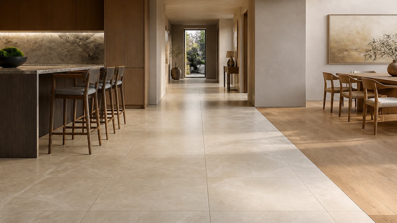Representative open-plan interior concept with large-format porcelain flooring and a flush transition to oak