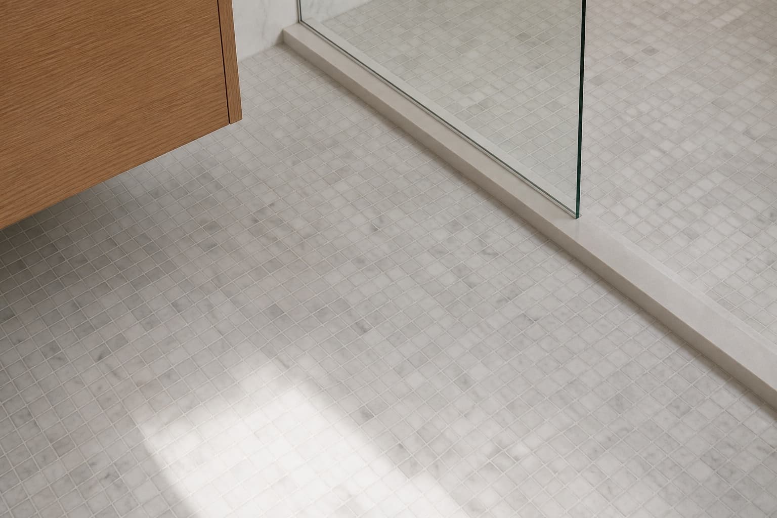A hexagonal marble mosaic floor with tight, even joints