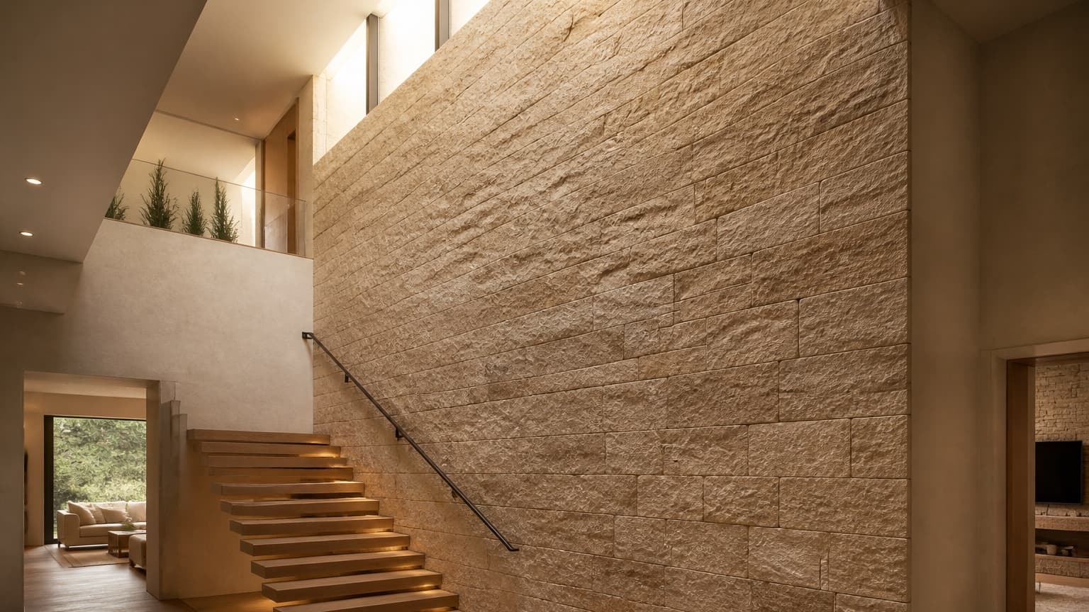 Representative double-height stair hall with a precisely coursed natural stone feature wall