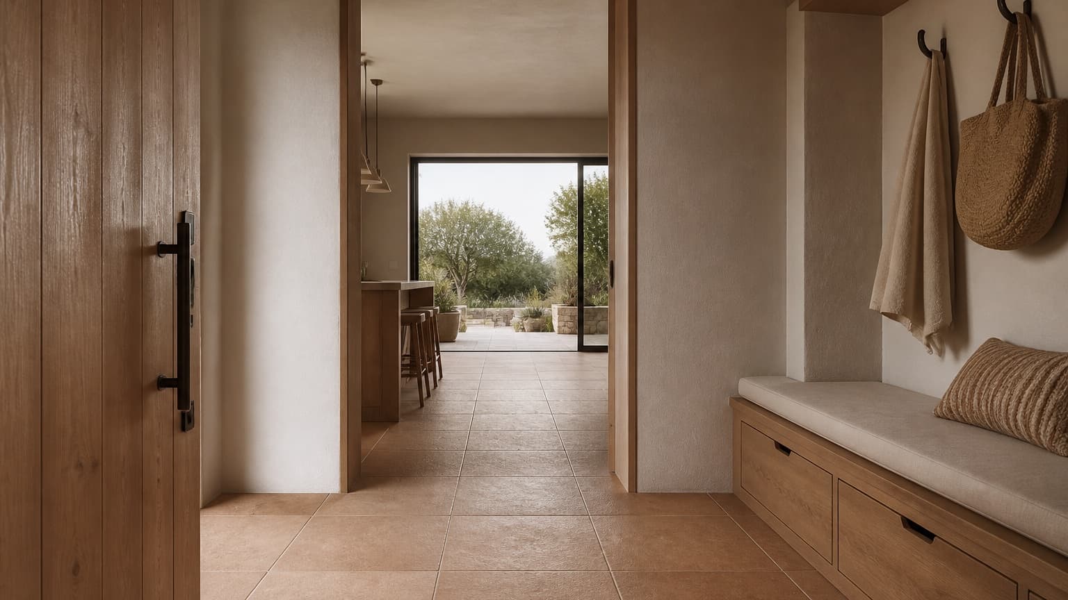 Representative entry and mudroom with a continuous terracotta-toned porcelain floor and built-in oak bench