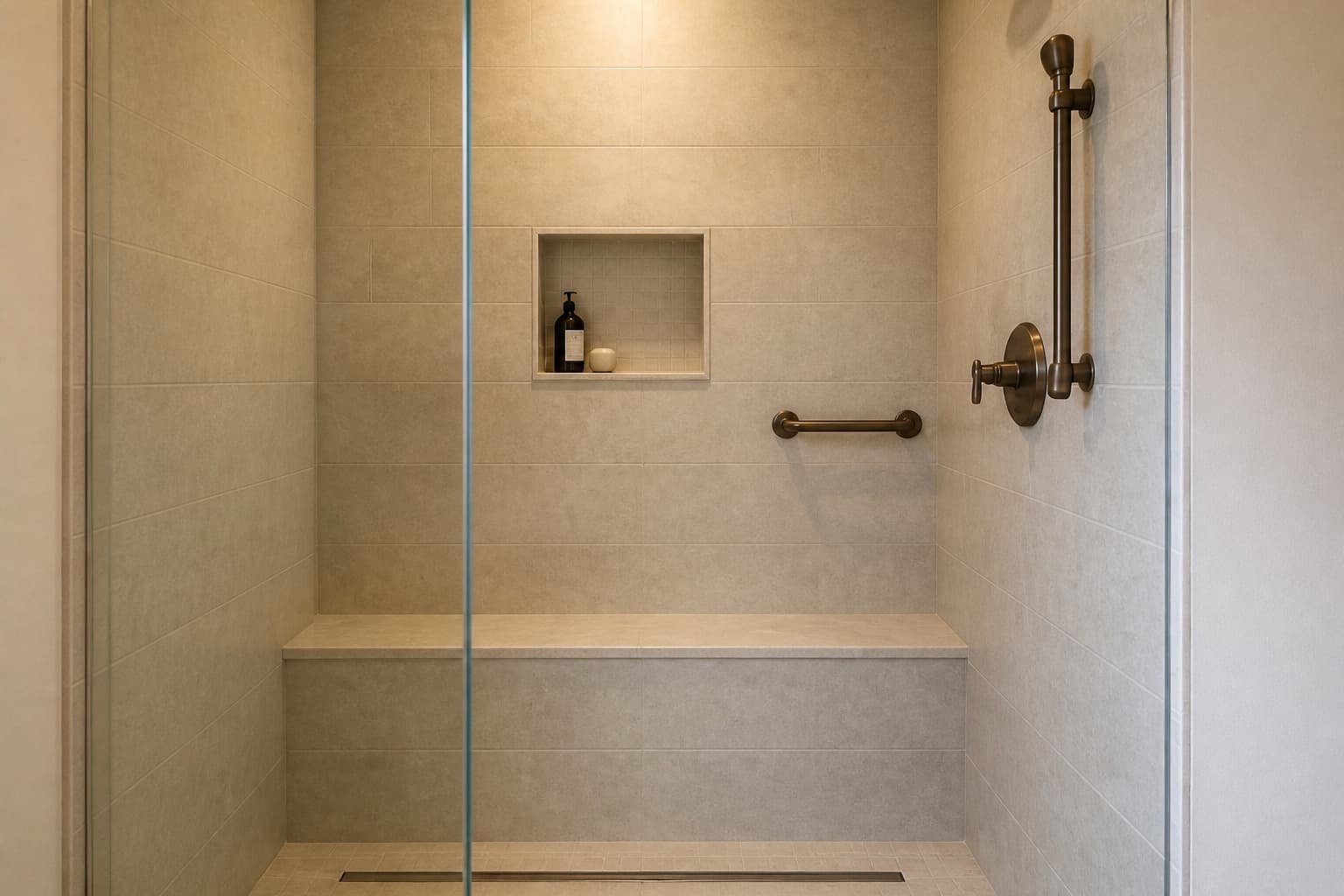 The tiled bench and grab-bar blocking inside the new shower