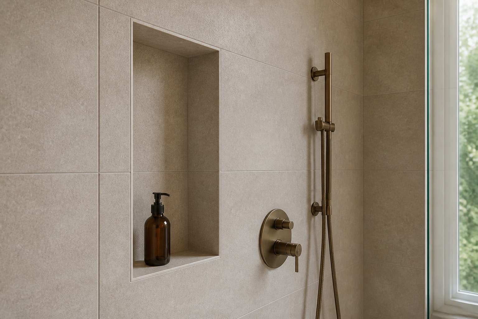 The linear drain set flush with the sloped shower floor