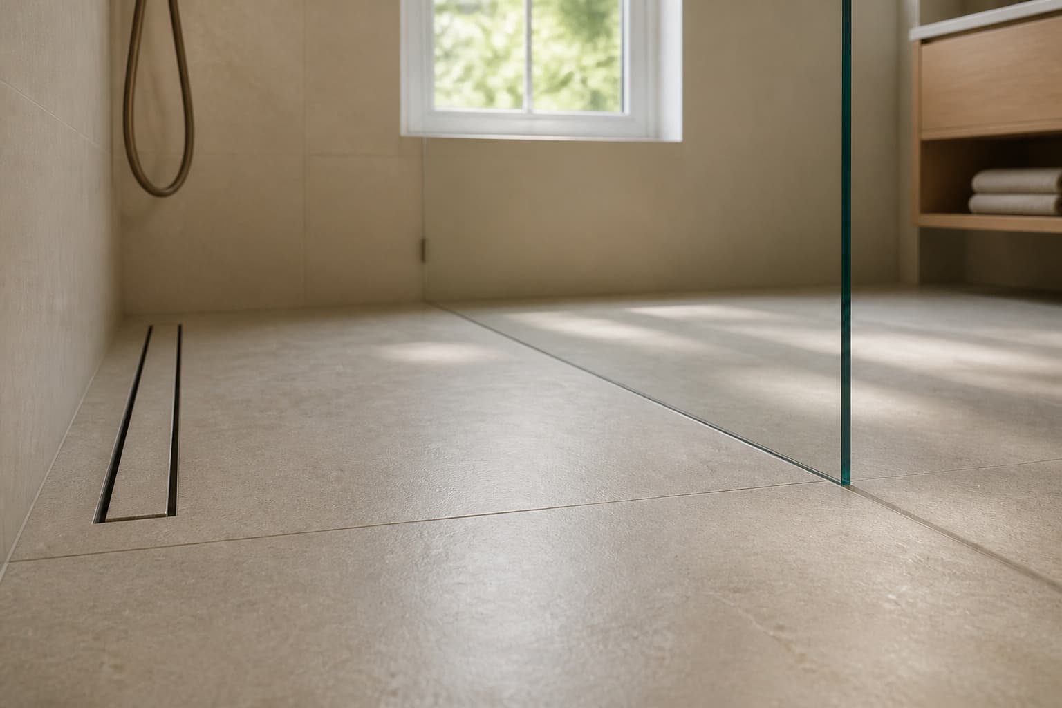 A recessed shower niche with a mitred stone shelf and continuous grout lines