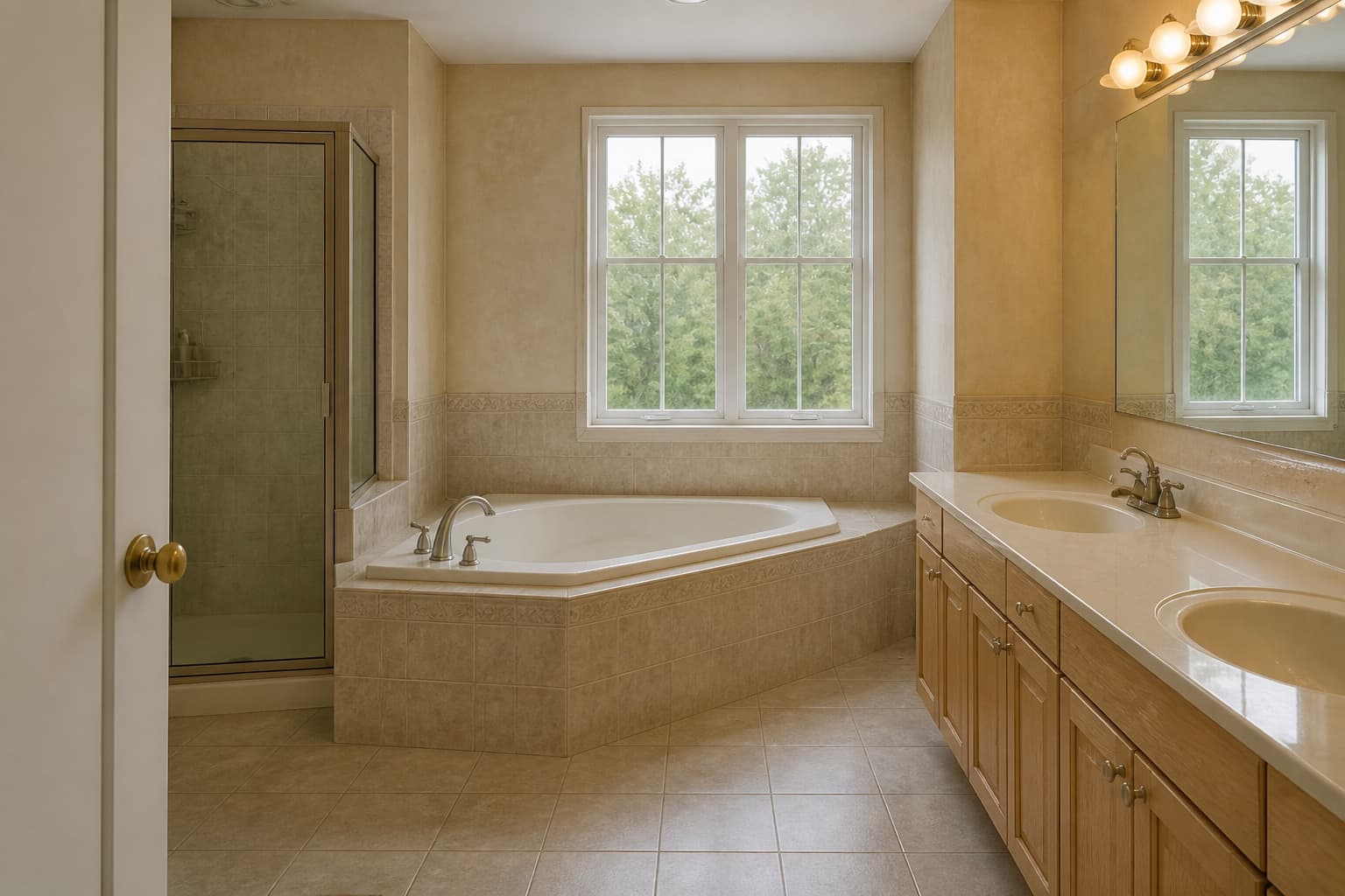 The original bathroom before renovation, with a built-in tub and dated wall tile