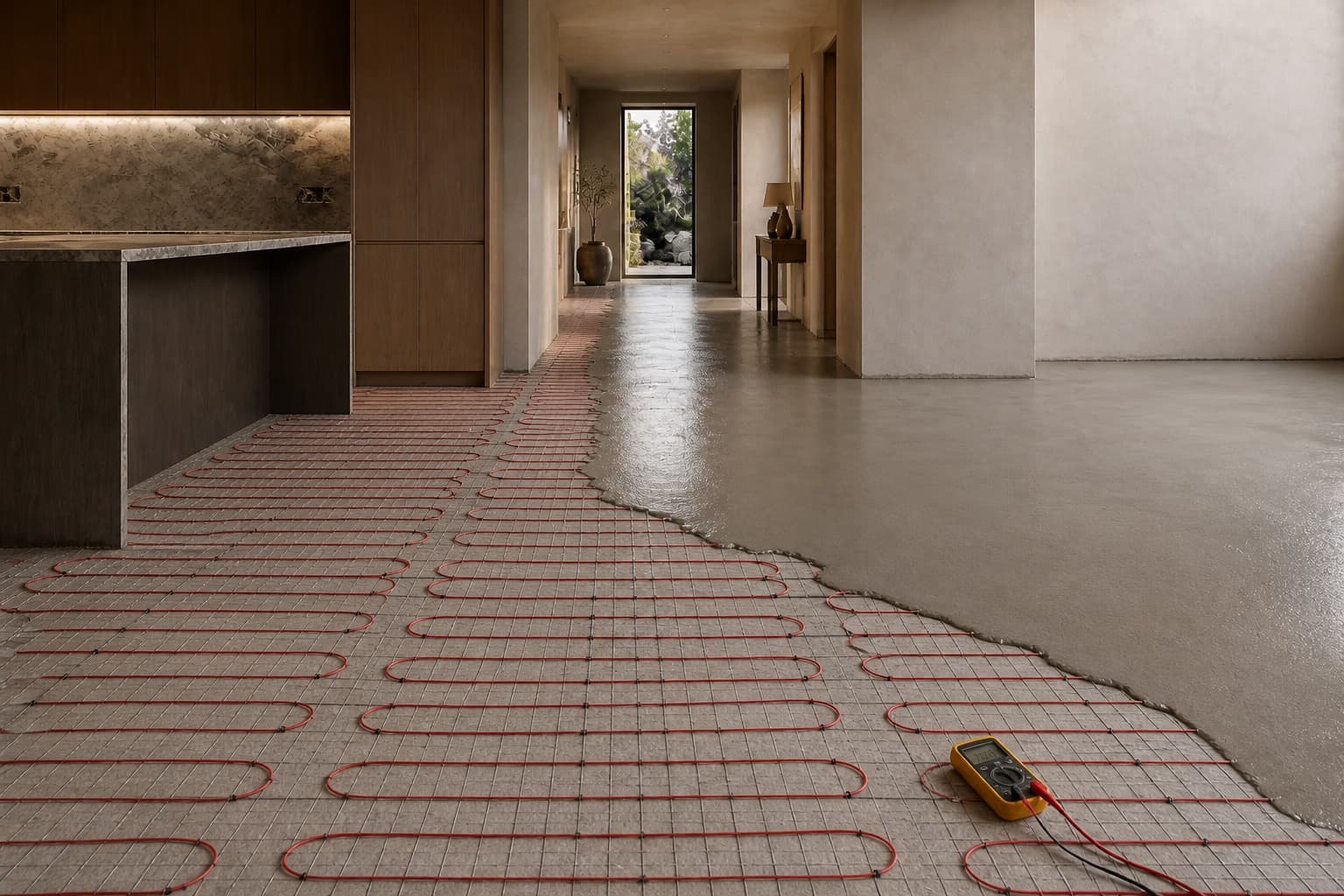 Heating cable set in self-levelling compound before tiling