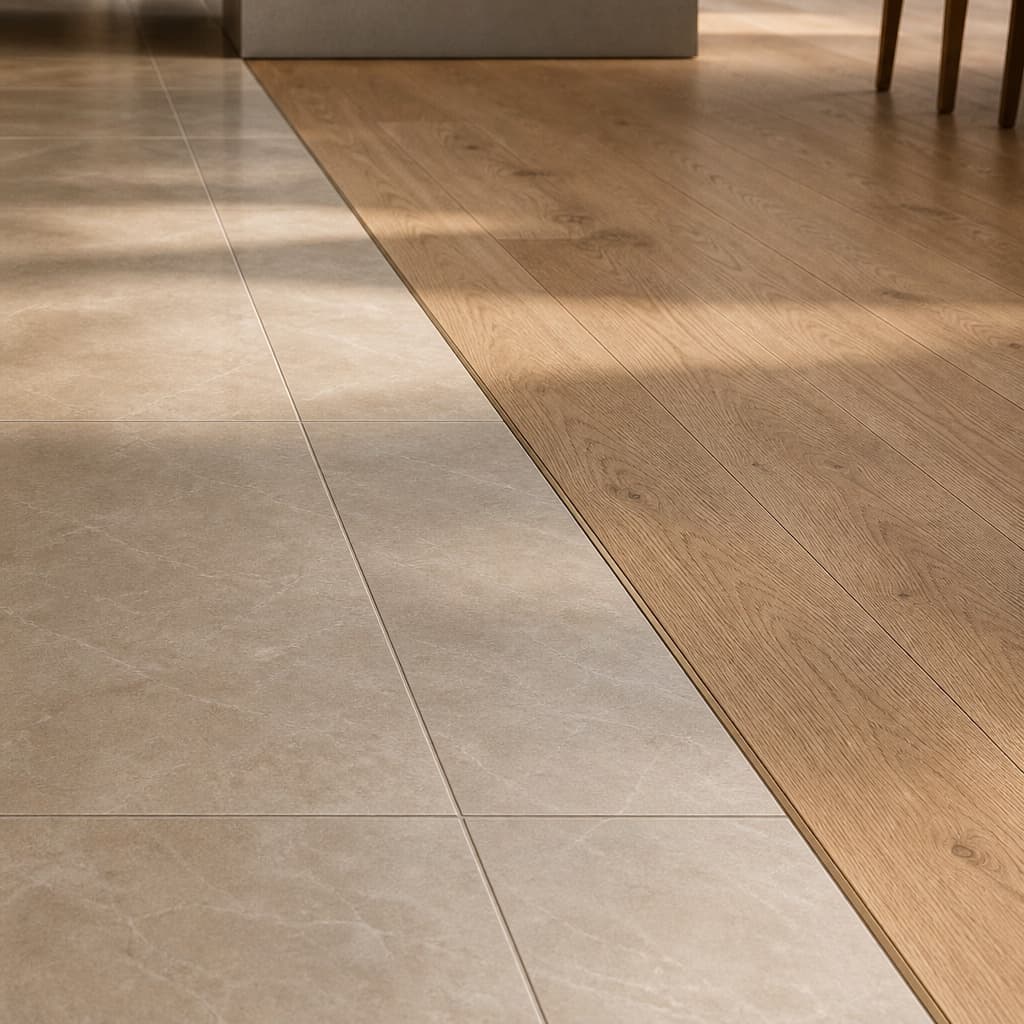 A flush metal transition between tile and engineered oak flooring